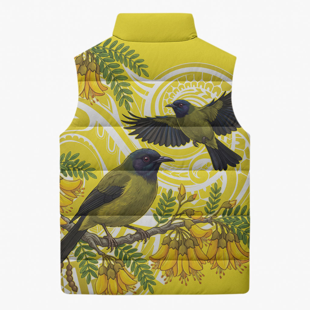 Bellbird New Zealand Sleeveless Puffer Jacket Korimako Kowhai Maori Pattern