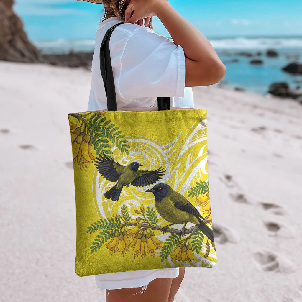 Bellbird New Zealand Tote Bag Korimako Kowhai Maori Pattern