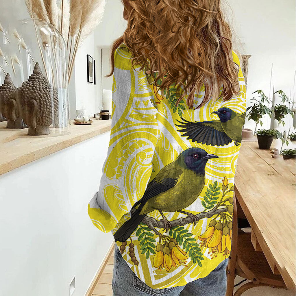 Bellbird New Zealand Women Casual Shirt Korimako Kowhai Maori Pattern