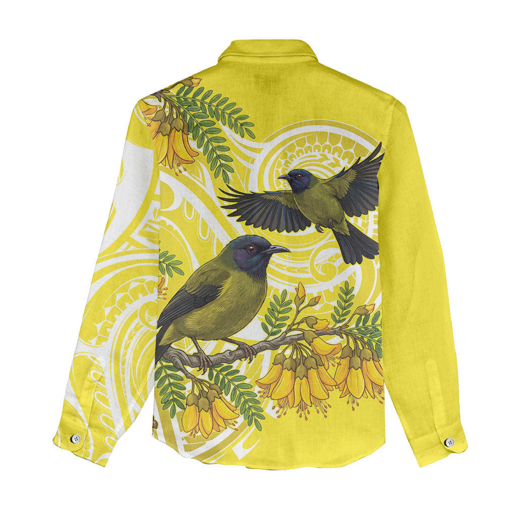 Bellbird New Zealand Women Casual Shirt Korimako Kowhai Maori Pattern