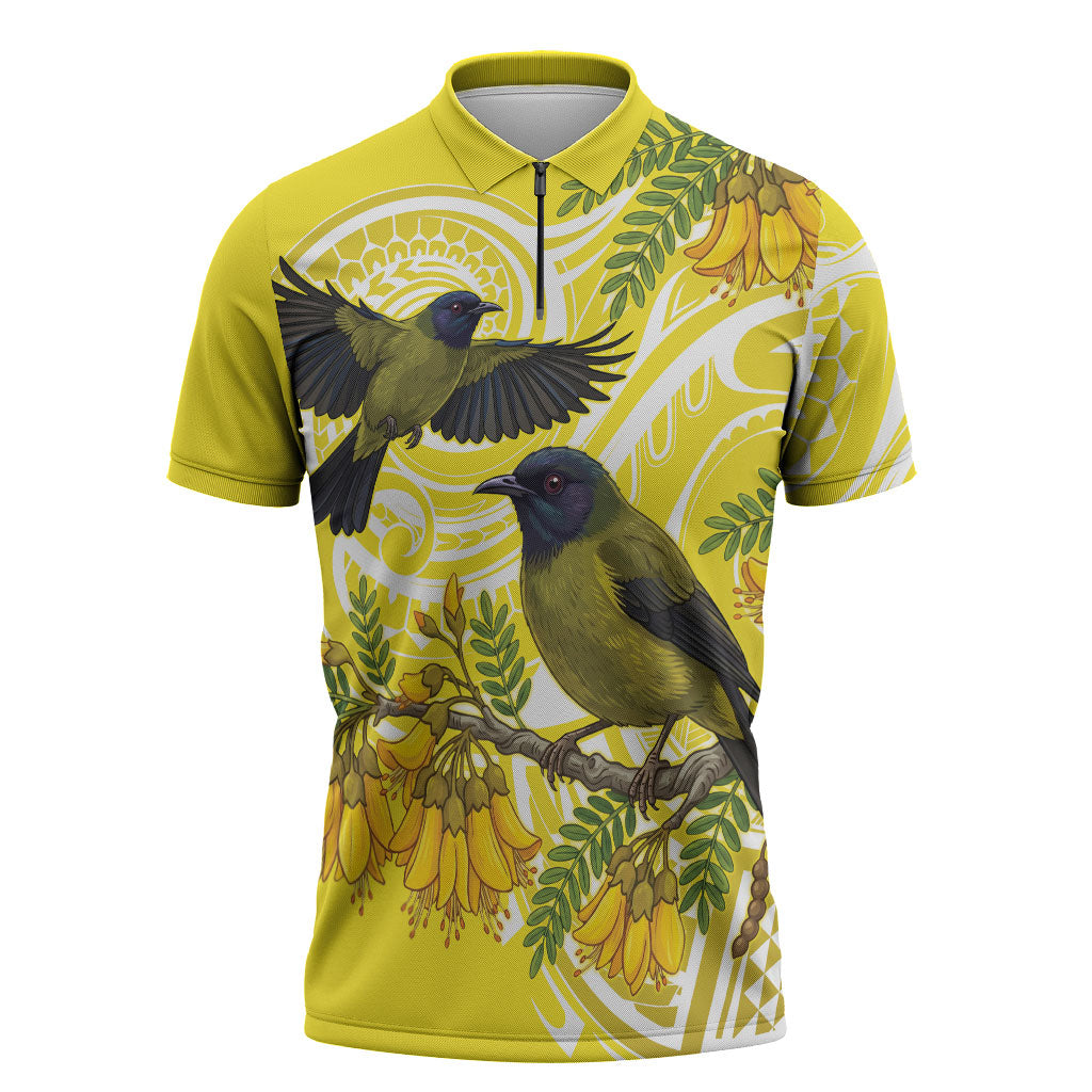 Bellbird New Zealand Zipper Polo Shirt Korimako Kowhai Maori Pattern