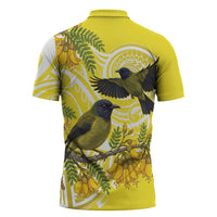 Bellbird New Zealand Zipper Polo Shirt Korimako Kowhai Maori Pattern