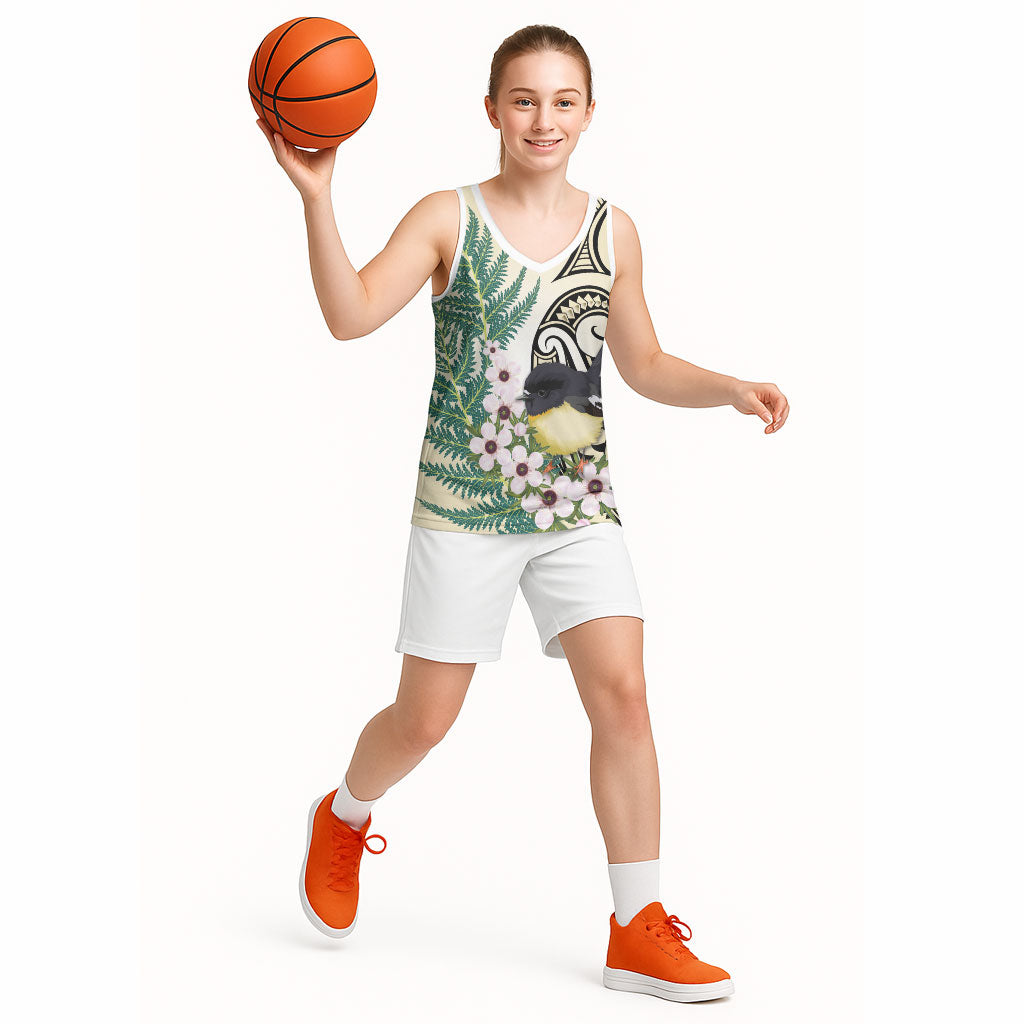 Endemic Tomtit New Zealand Basketball Jersey Miromiro Manuka Silver Fern Maori Pattern