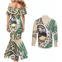 Endemic Tomtit New Zealand Couples Matching Mermaid Dress and Long Sleeve Button Shirt Miromiro Manuka Silver Fern Maori Pattern LT14 - Polynesian Pride