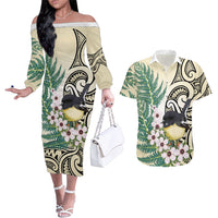 Endemic Tomtit New Zealand Couples Matching Off The Shoulder Long Sleeve Dress and Hawaiian Shirt Miromiro Manuka Silver Fern Maori Pattern LT14 Cream - Polynesian Pride