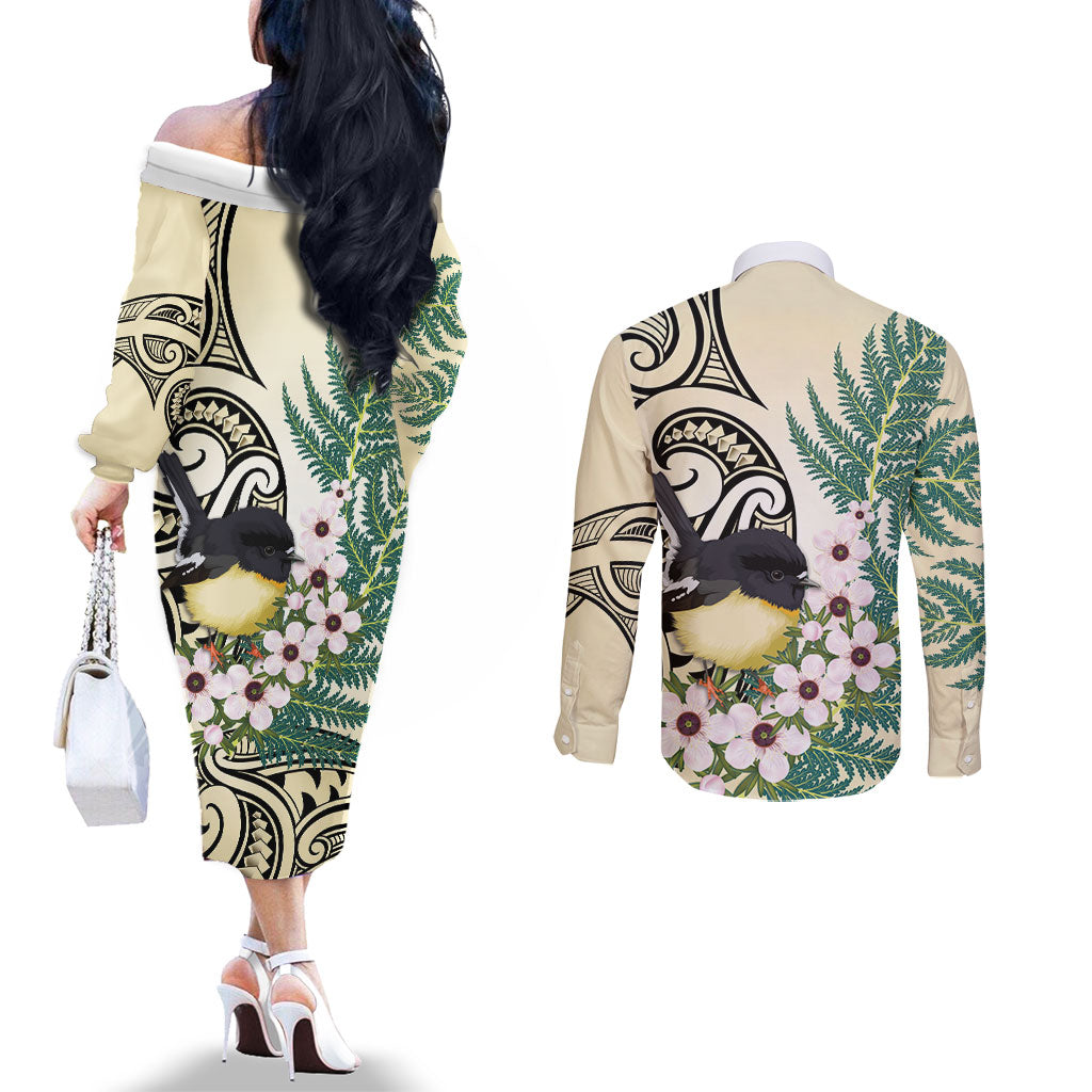 Endemic Tomtit New Zealand Couples Matching Off The Shoulder Long Sleeve Dress and Long Sleeve Button Shirt Miromiro Manuka Silver Fern Maori Pattern LT14 - Polynesian Pride