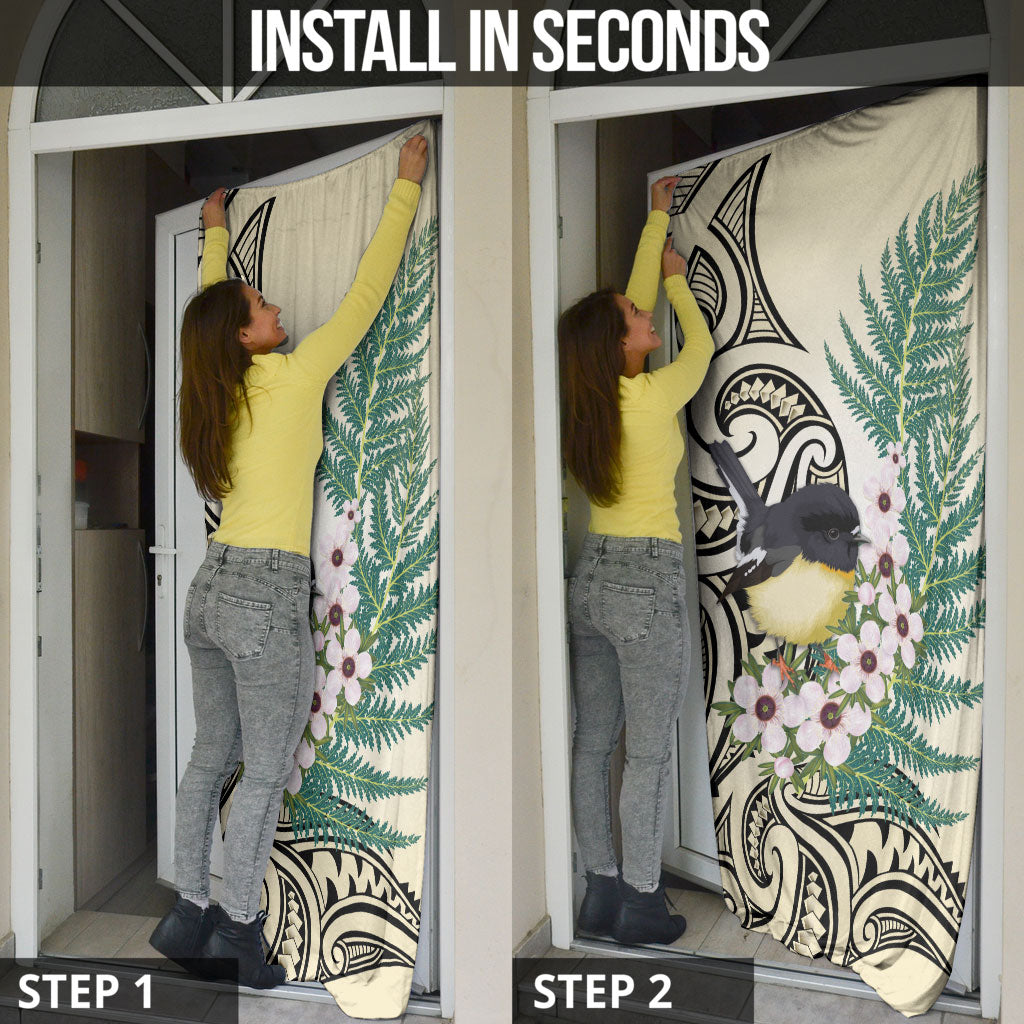 Endemic Tomtit New Zealand Door Cover Miromiro Manuka Silver Fern Maori Pattern