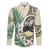 Endemic Tomtit New Zealand Family Matching Long Sleeve Bodycon Dress and Hawaiian Shirt Miromiro Manuka Silver Fern Maori Pattern LT14 Dad's Shirt - Long Sleeve Cream - Polynesian Pride