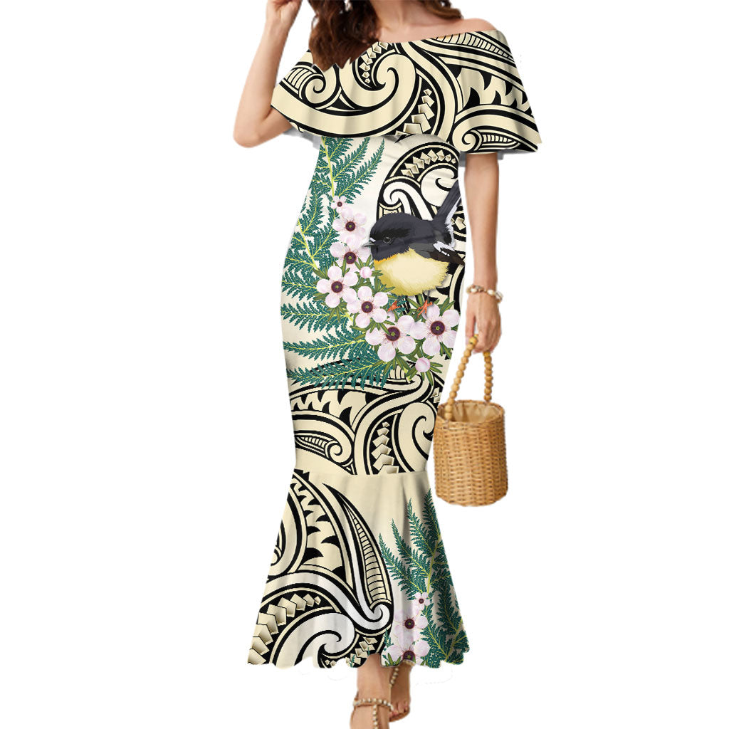 Endemic Tomtit New Zealand Family Matching Mermaid Dress and Hawaiian Shirt Miromiro Manuka Silver Fern Maori Pattern LT14 Mom's Dress Cream - Polynesian Pride