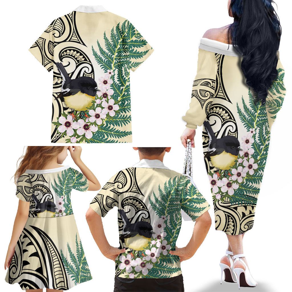 Endemic Tomtit New Zealand Family Matching Off The Shoulder Long Sleeve Dress and Hawaiian Shirt Miromiro Manuka Silver Fern Maori Pattern LT14 - Polynesian Pride
