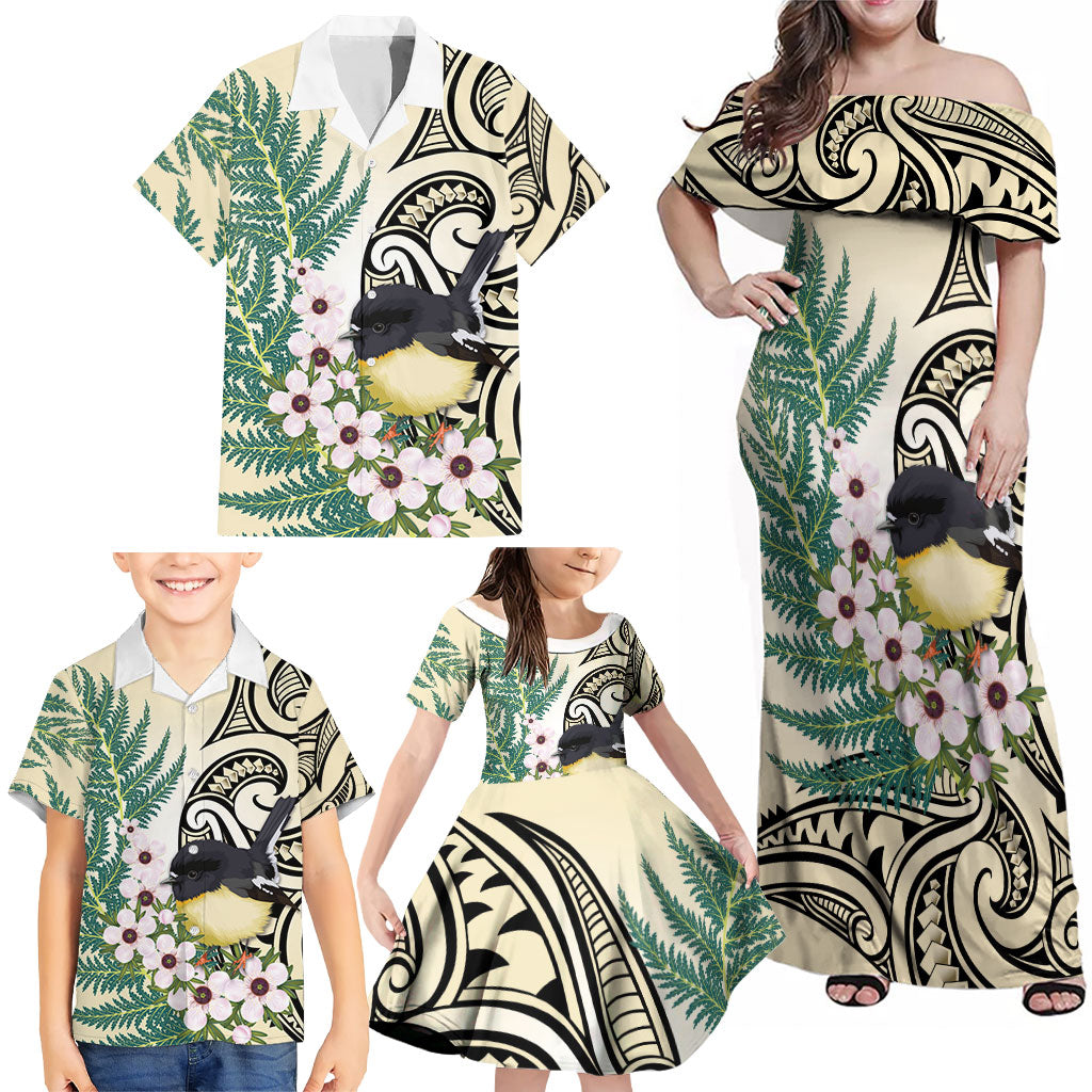 Endemic Tomtit New Zealand Family Matching Off Shoulder Maxi Dress and Hawaiian Shirt Miromiro Manuka Silver Fern Maori Pattern LT14 - Polynesian Pride