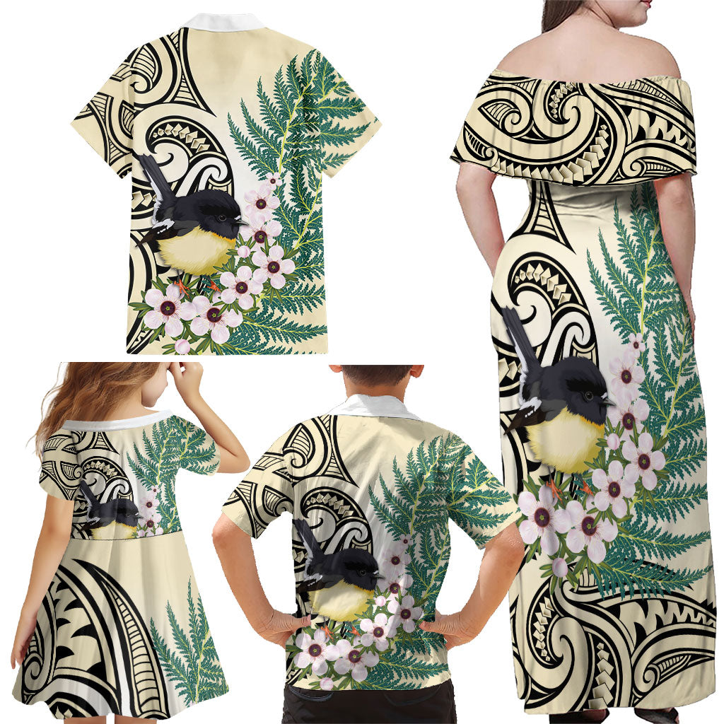 Endemic Tomtit New Zealand Family Matching Off Shoulder Maxi Dress and Hawaiian Shirt Miromiro Manuka Silver Fern Maori Pattern LT14 - Polynesian Pride