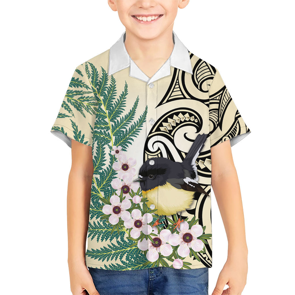 Endemic Tomtit New Zealand Family Matching Puletasi and Hawaiian Shirt Miromiro Manuka Silver Fern Maori Pattern LT14 Son's Shirt Cream - Polynesian Pride
