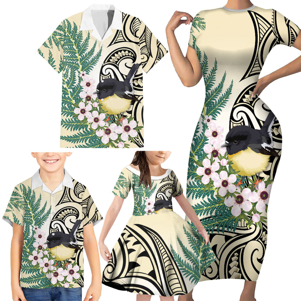 Endemic Tomtit New Zealand Family Matching Short Sleeve Bodycon Dress and Hawaiian Shirt Miromiro Manuka Silver Fern Maori Pattern LT14 - Polynesian Pride