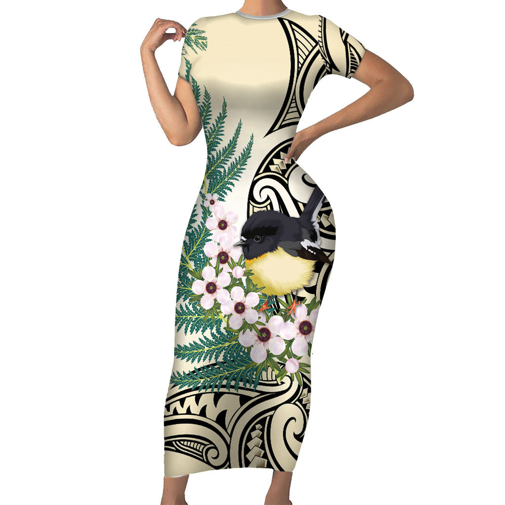 Endemic Tomtit New Zealand Family Matching Short Sleeve Bodycon Dress and Hawaiian Shirt Miromiro Manuka Silver Fern Maori Pattern LT14 Mom's Dress Cream - Polynesian Pride