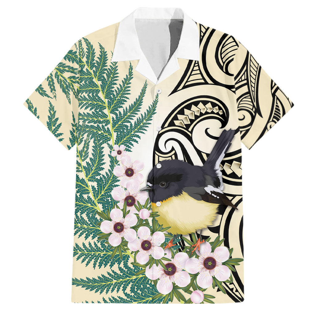 Endemic Tomtit New Zealand Family Matching Summer Maxi Dress and Hawaiian Shirt Miromiro Manuka Silver Fern Maori Pattern LT14 Dad's Shirt - Short Sleeve Cream - Polynesian Pride