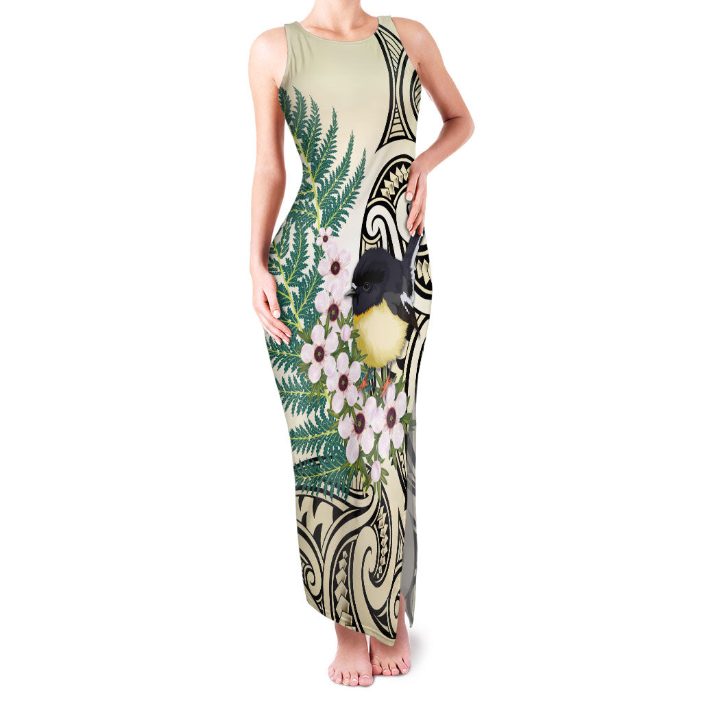 Endemic Tomtit New Zealand Family Matching Tank Maxi Dress and Hawaiian Shirt Miromiro Manuka Silver Fern Maori Pattern LT14 Mom's Dress Cream - Polynesian Pride