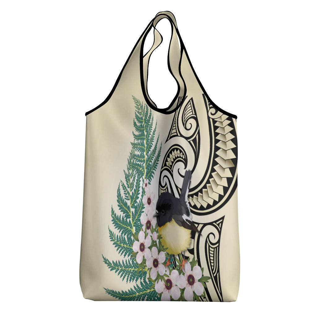 Endemic Tomtit New Zealand Grocery Bag Miromiro Manuka Silver Fern Maori Pattern