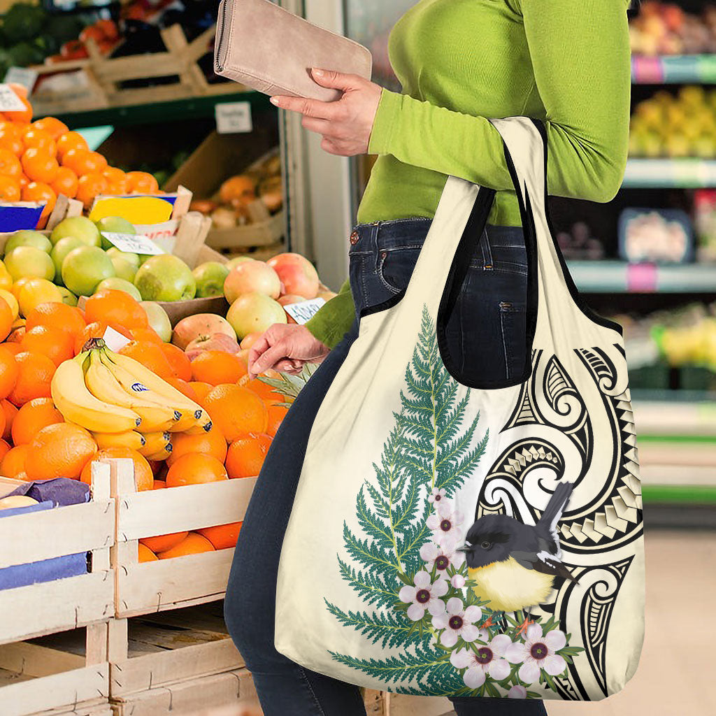 Endemic Tomtit New Zealand Grocery Bag Miromiro Manuka Silver Fern Maori Pattern