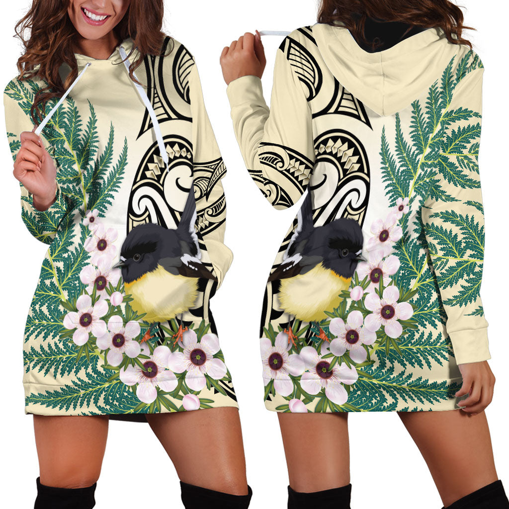 Endemic Tomtit New Zealand Hoodie Dress Miromiro Manuka Silver Fern Maori Pattern