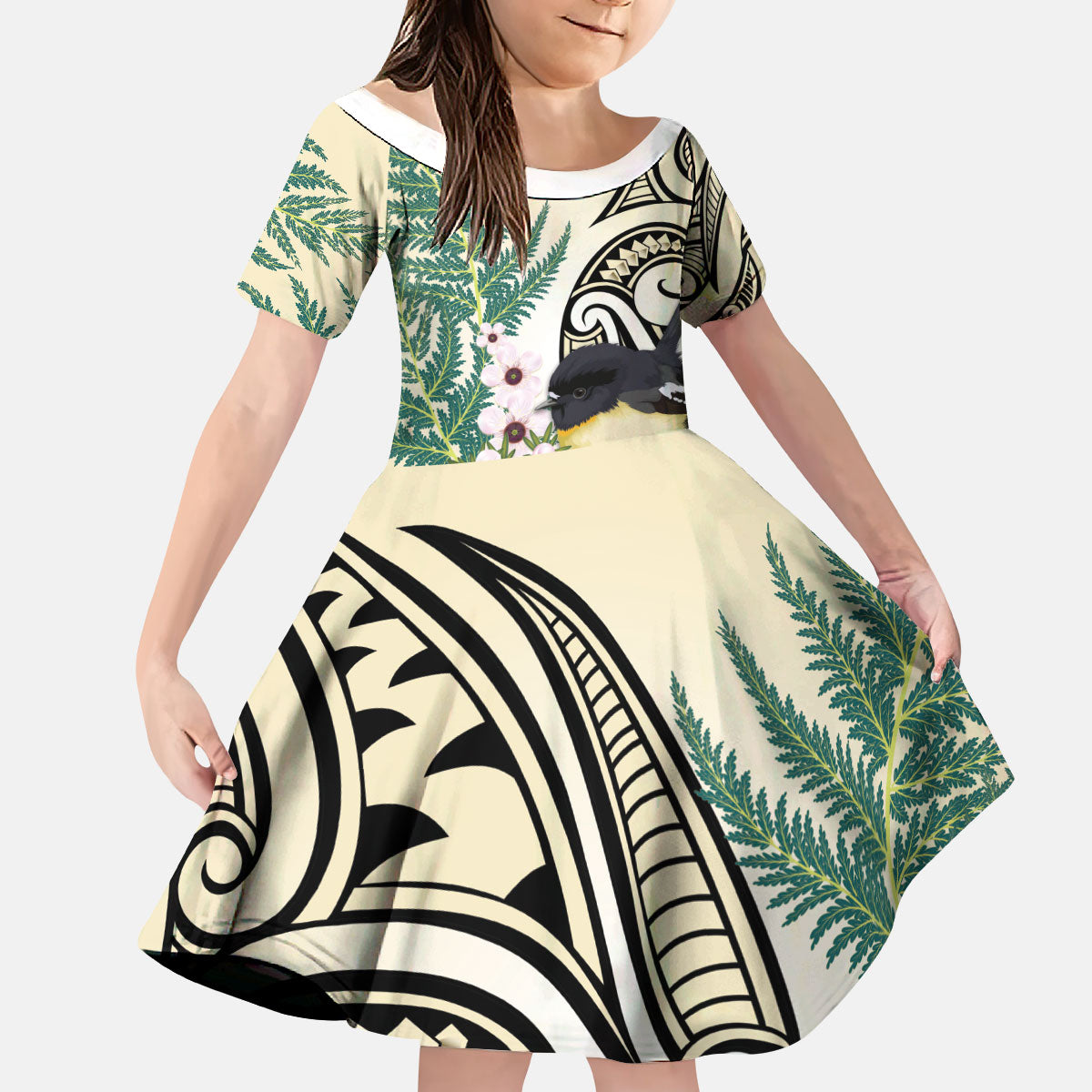 Endemic Tomtit New Zealand Kid Short Sleeve Dress Miromiro Manuka Silver Fern Maori Pattern LT14 KID Cream - Polynesian Pride