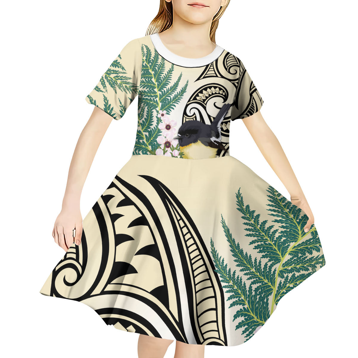 Endemic Tomtit New Zealand Kid Short Sleeve Dress Miromiro Manuka Silver Fern Maori Pattern LT14 - Polynesian Pride