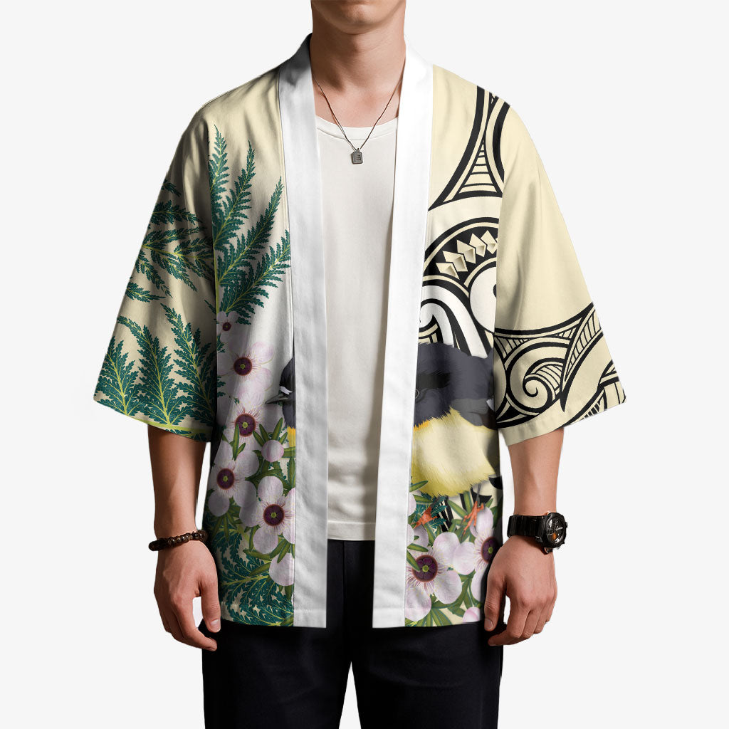 Endemic Tomtit New Zealand Kimono Miromiro Manuka Silver Fern Maori Pattern