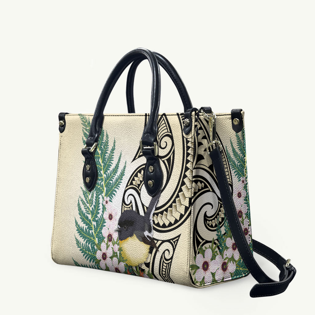 Endemic Tomtit New Zealand Leather Bag Miromiro Manuka Silver Fern Maori Pattern