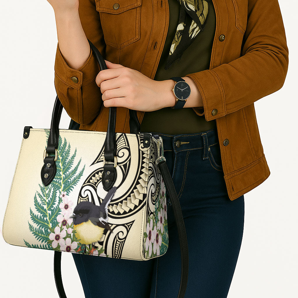 Endemic Tomtit New Zealand Leather Bag Miromiro Manuka Silver Fern Maori Pattern