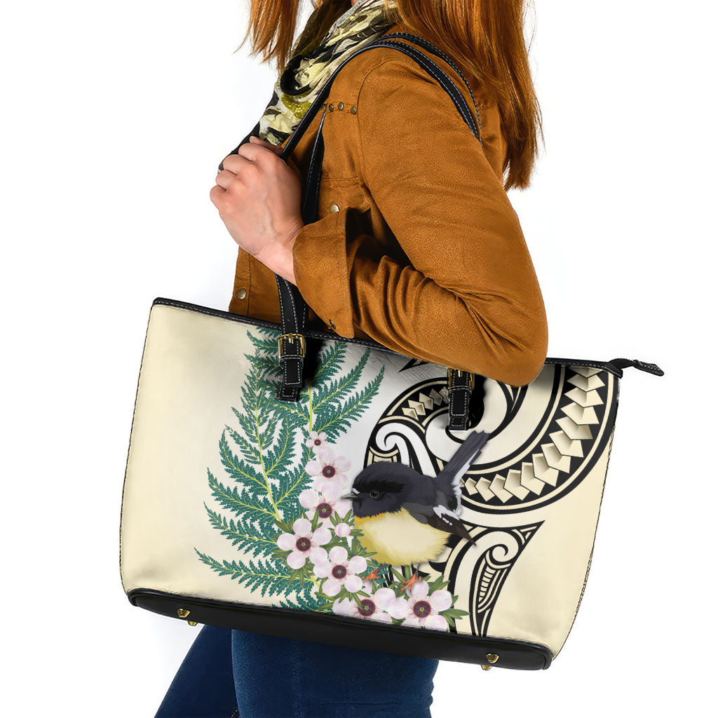 Endemic Tomtit New Zealand Leather Tote Bag Miromiro Manuka Silver Fern Maori Pattern