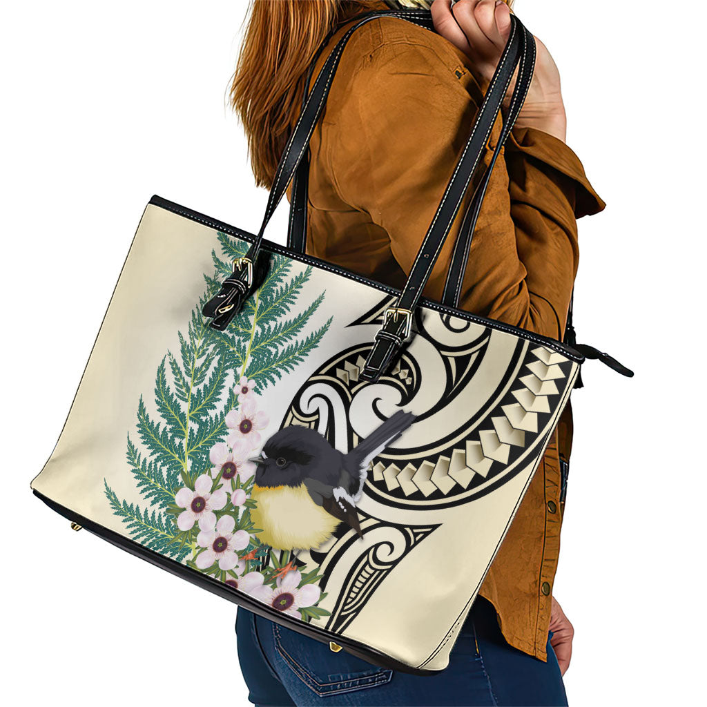 Endemic Tomtit New Zealand Leather Tote Bag Miromiro Manuka Silver Fern Maori Pattern