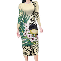 Endemic Tomtit New Zealand Long Sleeve Bodycon Dress Miromiro Manuka Silver Fern Maori Pattern
