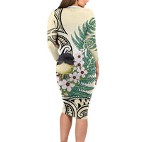 Endemic Tomtit New Zealand Long Sleeve Bodycon Dress Miromiro Manuka Silver Fern Maori Pattern