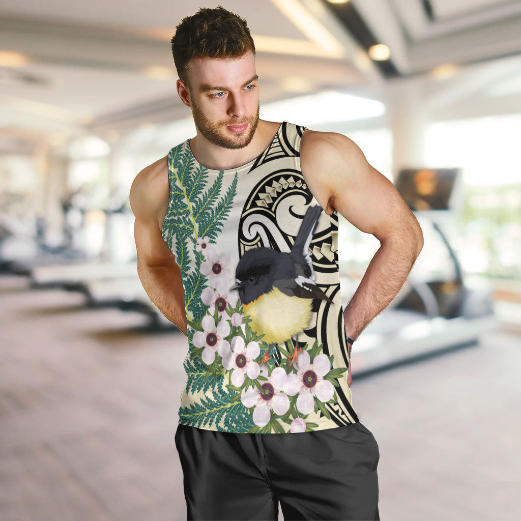 Endemic Tomtit New Zealand Men Tank Top Miromiro Manuka Silver Fern Maori Pattern
