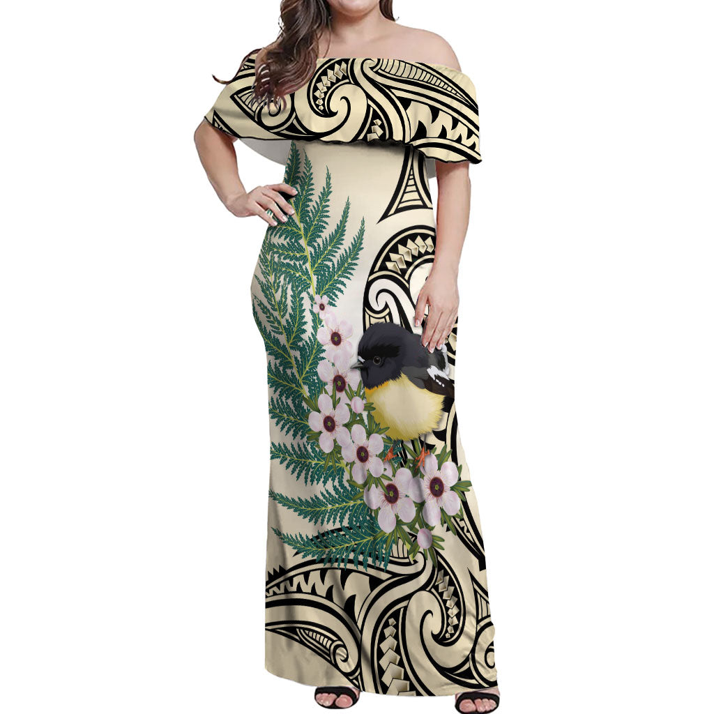 Endemic Tomtit New Zealand Off Shoulder Maxi Dress Miromiro Manuka Silver Fern Maori Pattern