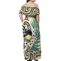 Endemic Tomtit New Zealand Off Shoulder Maxi Dress Miromiro Manuka Silver Fern Maori Pattern