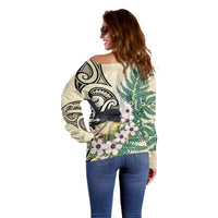 Endemic Tomtit New Zealand Off Shoulder Sweater Miromiro Manuka Silver Fern Maori Pattern