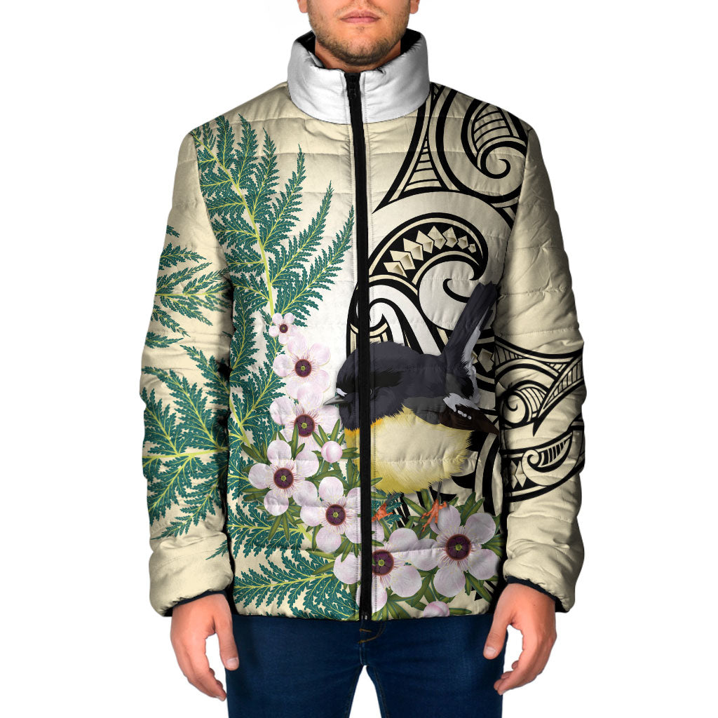 Endemic Tomtit New Zealand Padded Jacket Miromiro Manuka Silver Fern Maori Pattern
