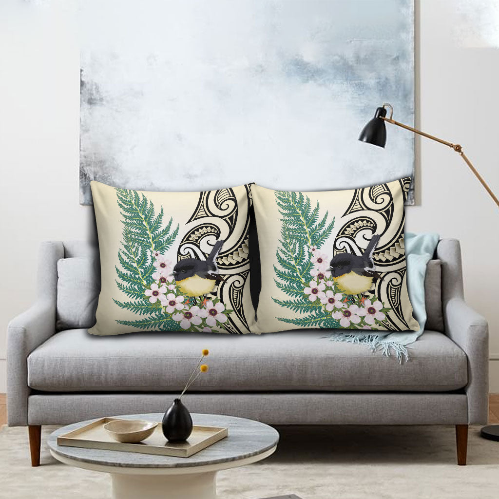 Endemic Tomtit New Zealand Pillow Cover Miromiro Manuka Silver Fern Maori Pattern