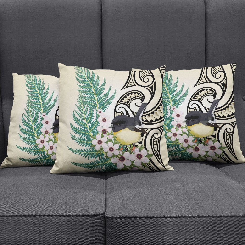 Endemic Tomtit New Zealand Pillow Cover Miromiro Manuka Silver Fern Maori Pattern
