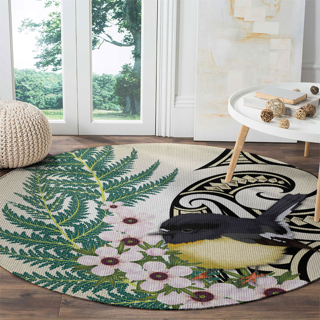 Endemic Tomtit New Zealand Round Carpet Miromiro Manuka Silver Fern Maori Pattern
