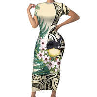 Endemic Tomtit New Zealand Short Sleeve Bodycon Dress Miromiro Manuka Silver Fern Maori Pattern