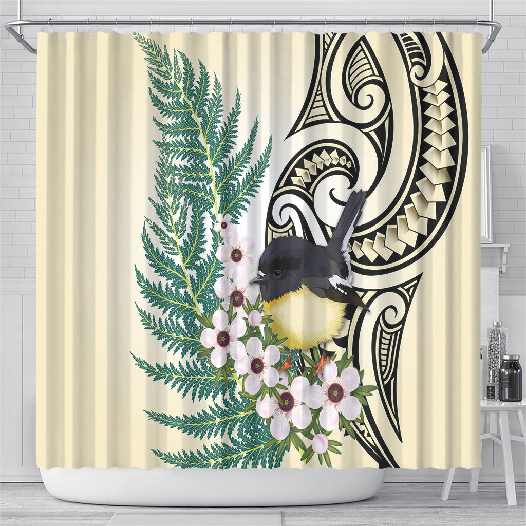 Endemic Tomtit New Zealand Shower Curtain Miromiro Manuka Silver Fern Maori Pattern