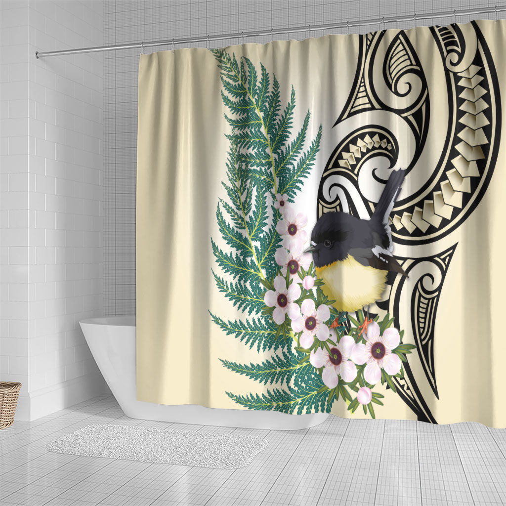 Endemic Tomtit New Zealand Shower Curtain Miromiro Manuka Silver Fern Maori Pattern