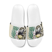 Endemic Tomtit New Zealand Slide Sandals Miromiro Manuka Silver Fern Maori Pattern
