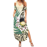 Endemic Tomtit New Zealand Summer Maxi Dress Miromiro Manuka Silver Fern Maori Pattern