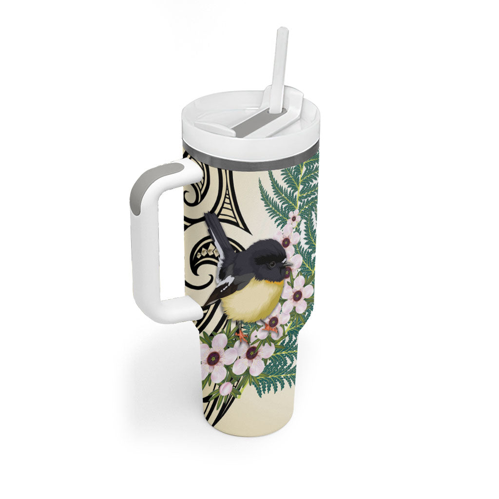 Endemic Tomtit New Zealand Tumbler With Handle Miromiro Manuka Silver Fern Maori Pattern