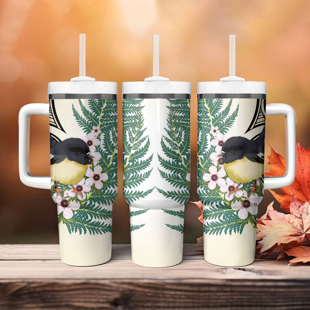 Endemic Tomtit New Zealand Tumbler With Handle Miromiro Manuka Silver Fern Maori Pattern