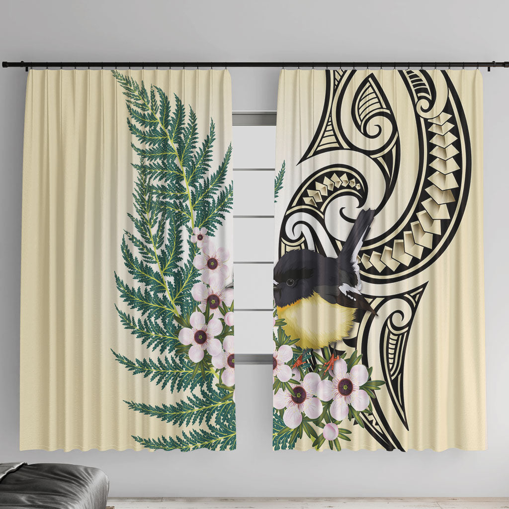 Endemic Tomtit New Zealand Window Curtain Miromiro Manuka Silver Fern Maori Pattern