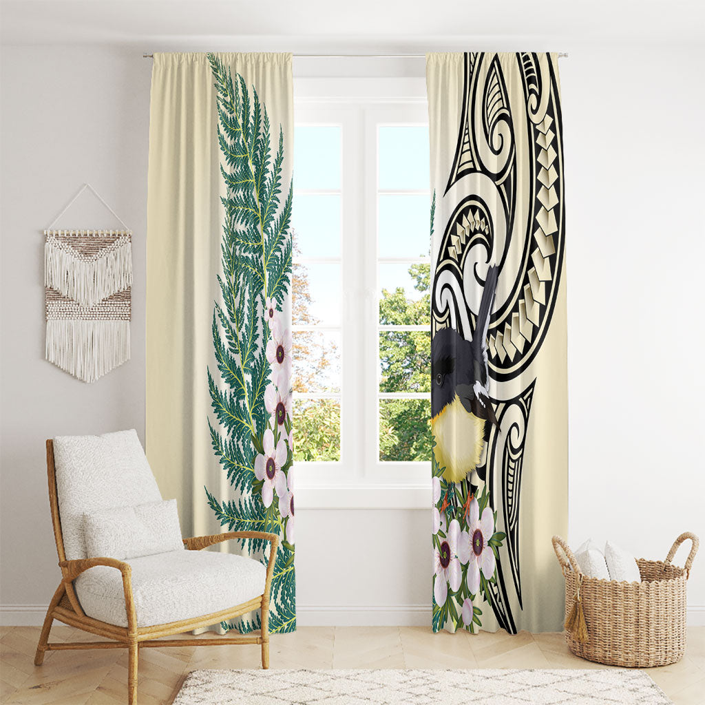 Endemic Tomtit New Zealand Window Curtain Miromiro Manuka Silver Fern Maori Pattern